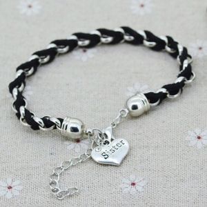 Black Leather Rope Sister Heart Charm Bracelet